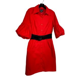 Shani Red Cotton Shirt Dress Size 8‎ Women Belted Puff Sleeve Collared Casual